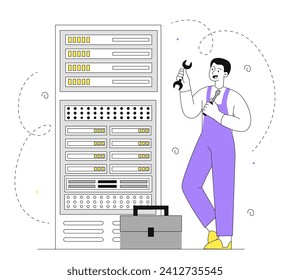 System administrator with server linear. Man with wrench and toolbox near electronic archive and storage. Wireless connection and data exchange, internet. Doodle flat vector illustration