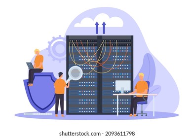 System administrator, server maintain, support and security concept. Cloud network storage technology, sysadmin fixing servers vector banner. Illustration of data hardware system and server