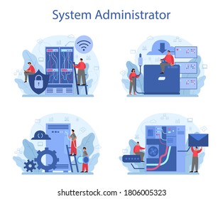 System administrator set. People working on computer and doing technical work with server. Configuration of computer systems and networks. Isolated flat vector illustration