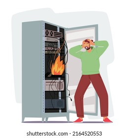 System Administrator or Sysadmin Character Servicing Server Racks with Burning Fire inside. Administration, Upkeeping, Configuration of Computer System and Networks. Cartoon People Vector Illustration