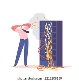 Racks del servidor de mantenimiento de caracteres del administrador del sistema o Sysadmin con cortocircuito. Administración, mantenimiento, configuración de sistemas informáticos y redes. Ilustración de vectores de personas de caricatura