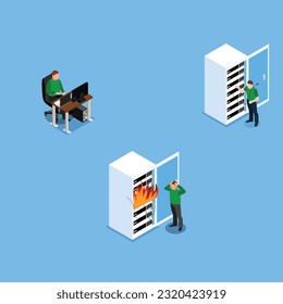 System Administrator or Sysadmin Character Servicing Server Racks with Burning Fire isometric 3d vector illustration concept for banner, website, illustration, landing page, flyer, etc