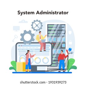 System administrator. Technical work with server, software installation, troubleshooting, online security. Configuration of computer systems and networks. Flat vector illustration