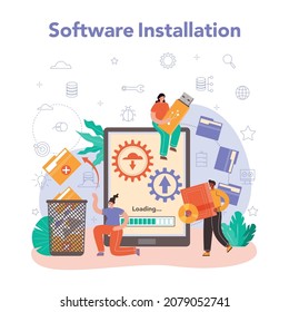 System administrator. Technical work with server and its work maintaining, software installation, PC repair. Configuration of computer systems and networks. Flat vector illustration