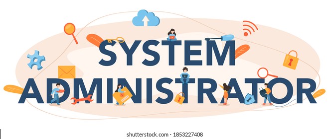 Encabezado tipográfico del administrador del sistema. Personas trabajando en computadoras y haciendo trabajo técnico con servidores. Configuración de sistemas y redes informáticos. Ilustración vectorial plana aislada