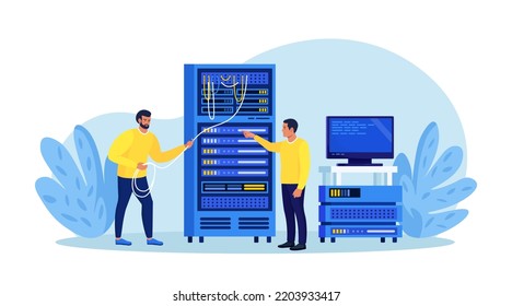 System administrator upkeeping server, adjusting network, PC hardware. Sysadmin repairing computer. Administration, data center maintenance service. Repairman doing technical work with server rack