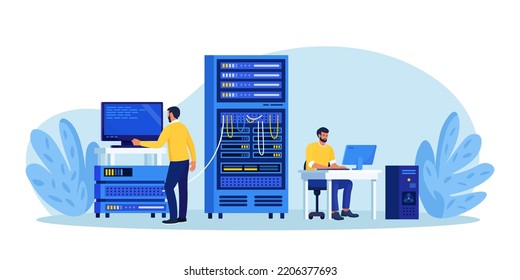 Servidor de mantenimiento del administrador del sistema, ajuste de red, hardware de PC. Sysadmin reparando computadora. Administración, servicio de mantenimiento del centro de datos. Reparman haciendo trabajo técnico con el rack de servidores