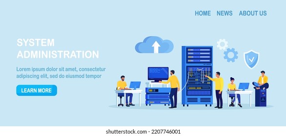 System administrator upkeeping server, adjusting network, PC hardware. Sysadmin repairing computer. Administration, data center maintenance service. Repairman doing technical work with server rack