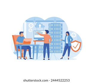 System administrator upkeeping server, adjusting network, PC hardware. Administration, data center  maintenance service. flat vector modern illustration 