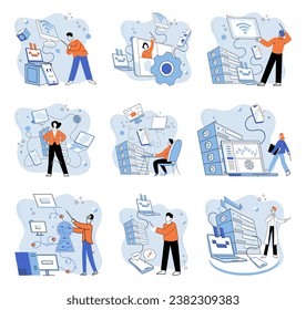 Administrador del sistema. Ilustración vectorial. El concepto de administrador del sistema pone de relieve la importancia de los especialistas técnicos en la gestión de sistemas Los directores proporcionan dirección estratégica y gobernanza
