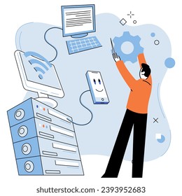 System administrator. Vector illustration. Managers offer support and assistance to their team members in administrative tasks The system administrator metaphor symbolizes responsibility maintaining