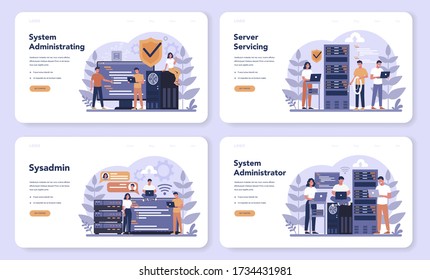 System administrator web banner or landing page set. People working on computer and doing technical work with server. Configuration of computer systems and networks. Isolated flat vector illustration