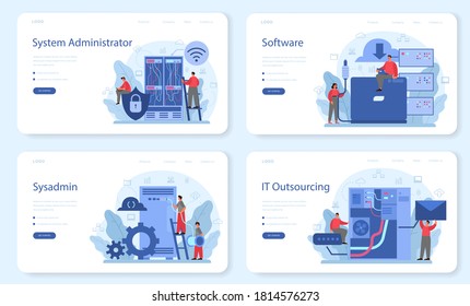 System administrator web banner or landing page set. People working on computer and doing technical work with server. Configuration of computer systems and networks. Isolated flat vector illustration