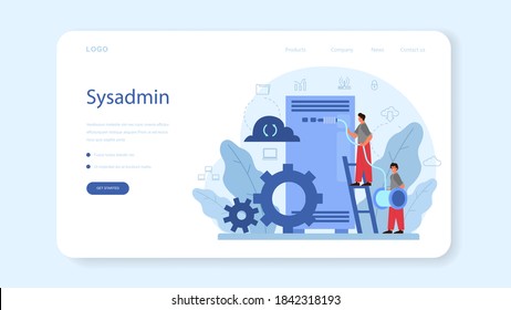 System administrator web banner or landing page. People working on computer and doing technical work with server. Configuration of computer systems and networks. Isolated flat vector illustration