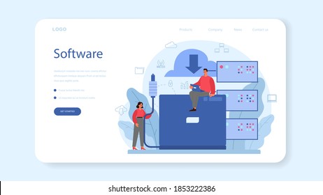 System administrator web banner or landing page. People working on computer and doing technical work with server. Configuration of computer systems and networks. Isolated flat vector illustration