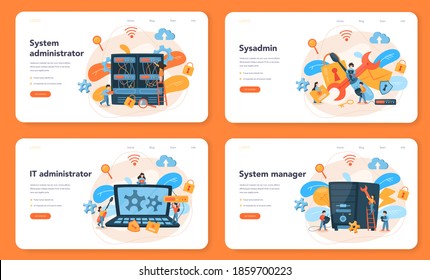 System administrator web banner or landing page set. People working on computer and doing technical work with server. Configuration of computer systems and networks. Isolated flat vector illustration