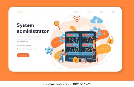 Banner web o página de inicio del administrador del sistema. Personas trabajando en computadoras y haciendo trabajo técnico con servidores. Configuración de sistemas y redes informáticos. Ilustración vectorial plana aislada