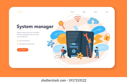 Banner web o página de inicio del administrador del sistema. Personas trabajando en computadoras y haciendo trabajo técnico con servidores. Configuración de sistemas y redes informáticos. Ilustración vectorial plana aislada
