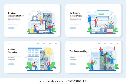 Banner web del administrador del sistema o conjunto de páginas de inicio. Trabajo técnico con servidor, instalación de software, resolución de problemas, seguridad en línea. Configuración de sistemas informáticos. Ilustración vectorial plana