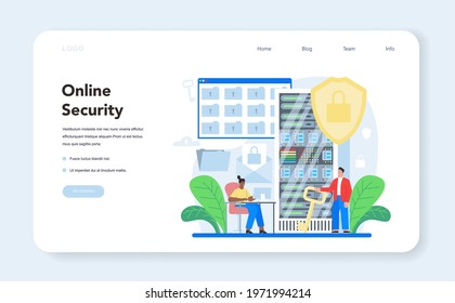 System administrator web banner or landing page set. Technical work with server, online security. Configuration of computer systems and networks. Flat vector illustration