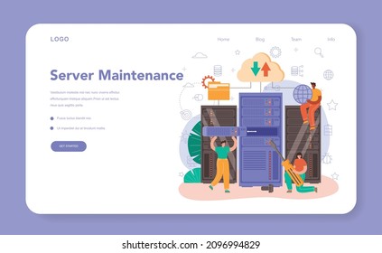 Banner web o página de inicio del administrador del sistema. Trabajo técnico con el servidor y su mantenimiento, instalación de software, reparación de PC. Configuración de sistemas informáticos. Ilustración vectorial plana