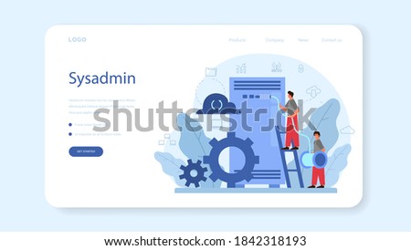 System administrator web banner or landing page. People working on computer and doing technical work with server. Configuration of computer systems and networks. Isolated flat vector illustration