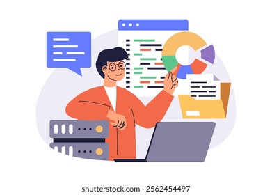 System administrator web concept with flat cartoon people for website design. Man does maintenance to server infrastructure, fixing program code, saving files at data center. Vector illustration.