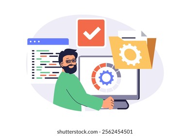 System administrator web concept with flat cartoon people for website design. Man doing optimization to programs of server infrastructure, fixing program code and monitoring. Vector illustration.