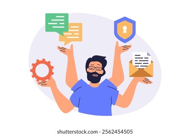 System administrator web concept with flat cartoon people for website design. Man does maintenance to server infrastructure, making updates, protecting service and chatting. Vector illustration.