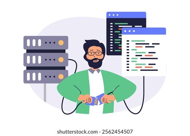 System administrator web concept with flat cartoon people for website design. Man monitoring server infrastructure, does maintenance update and optimization, fixing code problems. Vector illustration.