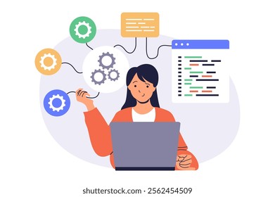 System administrator web concept with flat cartoon people for website design. Woman monitoring server infrastructure at laptop, checks problems, doing maintenance and settings. Vector illustration.