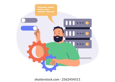 System administrator web concept with flat cartoon people for website design. Man monitoring server racks infrastructure, checks problems, doing maintenance and technical repair. Vector illustration.