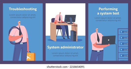 Banners de dibujos rutinarios del administrador del sistema. Trabajo de caracteres Sysadmin en el equipo, Realizando trabajo técnico con rack de servidor. Apoyo y administración, mantenimiento de redes. Carteles de vectores