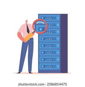 System Administrator Working With Server Rack Cabinets and Computer Datacenter. Sysadmin Male Character with Magnifier