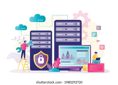 System administrator with wrench troubleshoot in database. Two sysadmins tune and optimize cloud server or data center. Concept of cloud computing and server configuration. Flat vector illustration