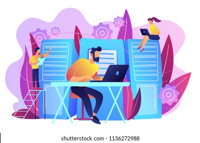 System administrators or sysadmins are servicing server racks. System administration, upkeeping, configuration of computer systems and networks concept. Violet palette. Vector illustration