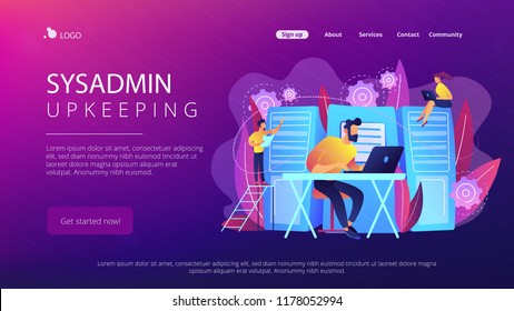 System administrators or sysadmins are servicing server racks. System administration, upkeeping, configuration of computer systems and networks concept. Violet color. Website landing web page template