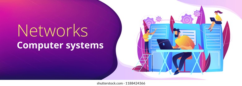 System administrators or sysadmins are servicing server racks. System administration, upkeeping, configuration of computer systems and networks concept. Violet color. Header or footer banner template.