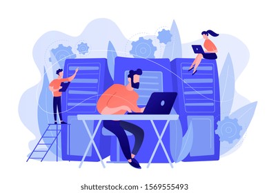 System administrators or sysadmins are servicing server racks. System administration, upkeeping, configuration of computer systems and networks concept. Pinkish coral blue palette. Vector illustration