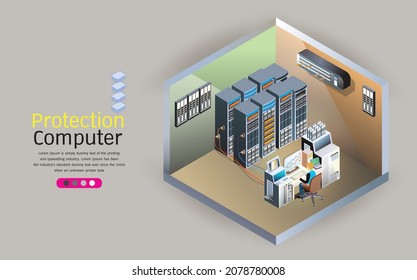 System Administrators Or Sysadmins Are Servicing Server Racks.Vector Isometric Concept Of Data Analysis. Network Mainframe Infrastructure Website Layout. Networks And Big Data Concept