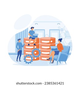 System administrators or sysadmins are servicing server racks. flat vector modern illustration 