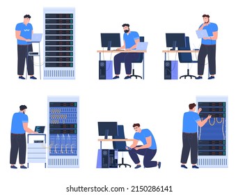 System administrators who service computers and servers. Maintenance of the latest devices. Vector illustration on a white background