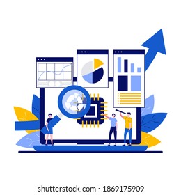 Systemanalyse-Konzept mit Zeichen. Menschen und Laptop-Bildschirm mit Datenanalyse-Grafiken und Diagrammen abstrakte Vektorgrafik. Geschäftsanalyse, Marktforschung, Metapher für Produkttests.