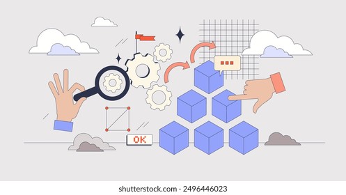 System analysis and design for efficiency tiny person neubrutalism concept. IT modules programming and coding development with code optimization and effective administration vector illustration.