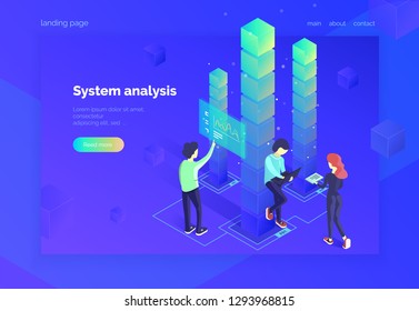 Systemanalyse. Eine Gruppe von Menschen interagiert mit dem Datensystem und erhält statistische Informationen. Teamarbeit. Landing Page for Web. Moderne Vektorgrafik isometrischer Stil. Ultraviolett. 