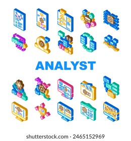 Vector de iconos de negocios de datos de analista de sistemas. informática digital, tecnología financiera, información de kpi, gestión de análisis, gráfico analista de sistemas de datos negocio isométrico signo ilustraciones