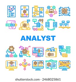 System Analyst Data Business-Symbole setzen Vektorgrafik. Computerdigital, Finanztechnologie, KPI-Informationen, Analysemanagement, Diagramm System Analyst Data Business-Farblinienabbildungen