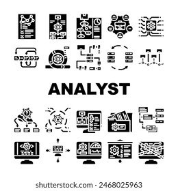 system analyst data business icons set vector. computer digital, financial technology, kpi information, analytics management, chart system analyst data business glyph pictogram Illustrations