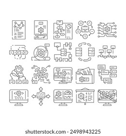 system analyst data business icons set vector. computer digital, financial technology, kpi information, analytics management, chart system analyst data business black contour illustrations