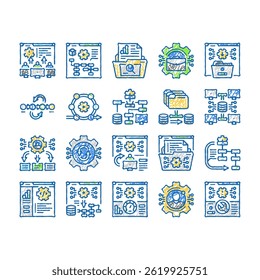 system analyst data doodle icons set vector. analysis business, computer digital, kpi information, management financial, chart system analyst data sketch hand drawn